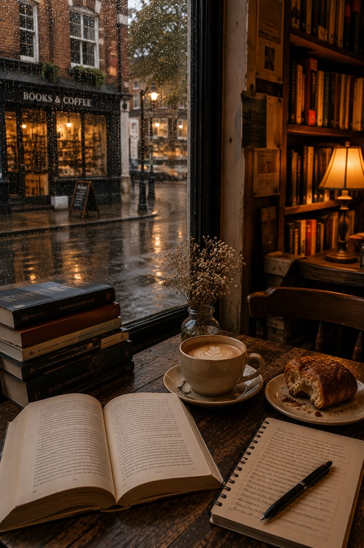 Cozy rainy-day reading nook with coffee and an open book